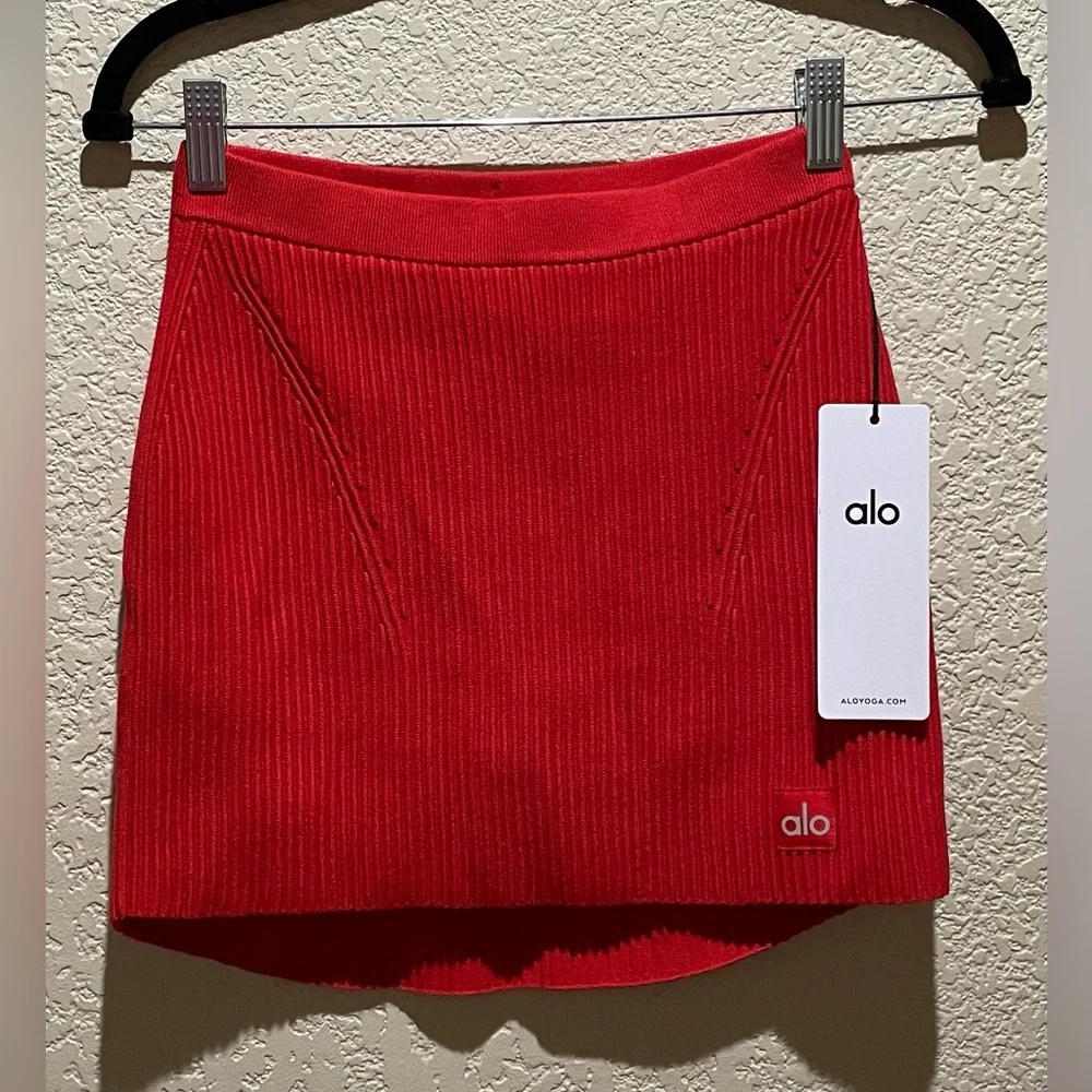 ALO Yoga NWT Denim Knit High Waist Skirt Bright Red Size XS